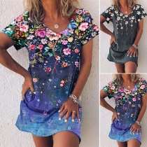 Fashion Short Sleeve V-neck Printed Loose Dress