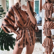 Sexy Deep V-neck Trumpet Sleeve Printed Nightwear Romper