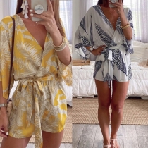 Sexy V-neck Trumpet Sleeve High Waist Printed Romper