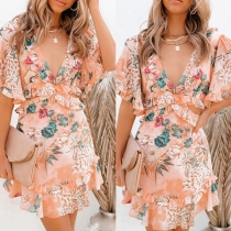 Sexy Bakcless V-neck Lotus Sleeve Ruffle Hem Printed Dress