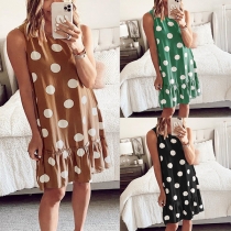 Casual Style Sleeveless Round Neck Ruffle Hem Dots Printed Loose Dress