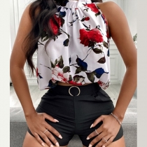 Fashion Sleeveless Round Neck Printed Top + High Waist Wide-leg Pants Two-piece Set
