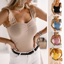 Sexy Backless Square Collar Lace Spliced Solid Color Slim Fit Sling Top