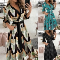 OL Style Long Sleeve V-neck Lace-up High Waist Printed Maxi Dress