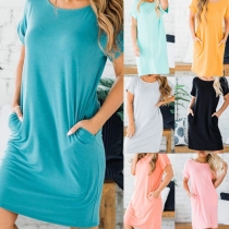 Casual Style Short Sleeve Round Neck Solid Color Loose T-shirt Dress