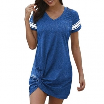 Fashion Contrast Color Short Sleeve V-neck twisted Hem Dress