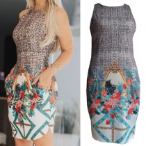 Fashion Sleeveless Round Neck High Waist Slim Fit Printed Pencil Dress