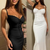 Sexy Backless Lace Spliced V-neck Solid Color Slim Fit Sling Dress