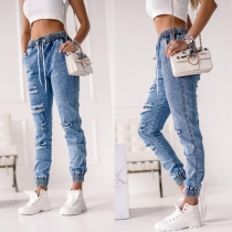 Casual Style Elastiska Dragsko Midja Ripped Jeans