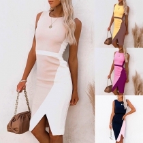 Fashion Contrast Color Sleeveless Round Neck Slit Hem High Waist Slim Fit Dress