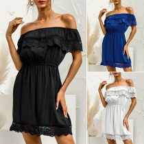 Sexy Lace Spliced Ruffle Boat Neck Elastic Waist Solid Color Dress