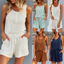 Casual Style Sleeveless Round Neck Solid Color Top + Shorts Home-wear Set