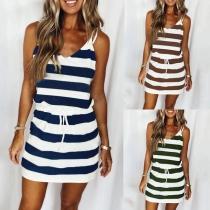 Fashion V-neck Drawstring Waist Sling Striped Dress