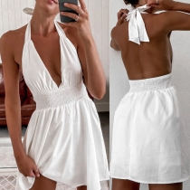 Sexy Backless Deep V-neck Elastic High Waist Solid Color Halter Dress