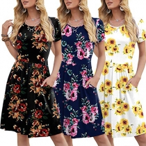 Fashion Short Sleeve Round Neck High Waist Printed Dress