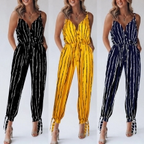 Sexy Backless V-nekc High Waist Striped Printed Sling Jumpsuit