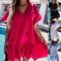 Casual Style Short Sleeve V-neck Ruffle Hem Solid Color Loose Dress
