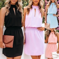 Sexy Off-shoulder Elastic Waist Solid Color Halter Dress