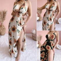 Bohemian Style Backless V-neck High Waist Slit Hem Sunflower Printed Dress