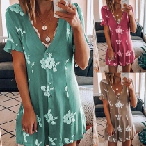 Fashion Short Sleeve V-neck Single-breatsed Printed Dress