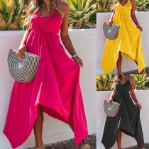 Sexy Backless V-neck Irregular Hem High Waist Solid Color Sling Dress
