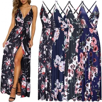 Sexy Backless V-neck Slit Hem High Waist Printed Sling Dress
