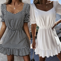 Fashion Puff Sleeve Square Collar High Waist Ruffle Hem Plaid Dress