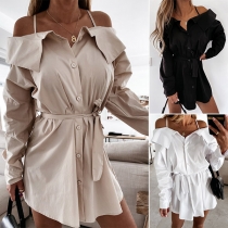 Sexy Off-shoulder Long Sleeve Solid Color Sling Shirt Dress