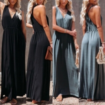 Sexy Backless V-neck High Waist Solid Color Halter Maxi Dress