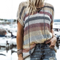 Fashion Short Sleeve V-neck Contrast Color Stripe Loose Knit T-shirt
