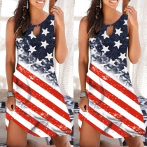 Fashion Star Stripe Printed Sleeveless Round Neck Dress