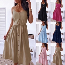 Sexy Backless Single-breasted Solid Color High Waist Sling Dress
