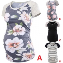 Fashion Printed Spliced Short Sleeve Round Neck Maternity T-shirt