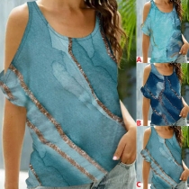 Sexy Off-shoulder Short Sleeve Round Neck Tie-dye Printed Loose T-shirt