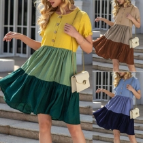 Fresh Style Short Sleeve Round Neck High Waist Contrast Color Dress