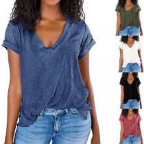 Simple Style Short Sleeve V-neck Solid Color Loose T-shirt