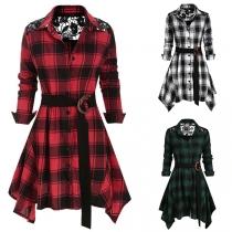 OL Style Short Sleeve POLO Collar Irregular Hem Plaid Shirt Dress