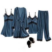 Sexy Backless V-neck Lace Spliced Nightwear Four-piece Set