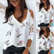Sexy Off-shoulder Lace Spliced Short Sleeve V-neck Printed Sling Top