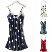 Sexy Backless V-neck Lace Spliced Dots Printed Sling Nightwear Dress