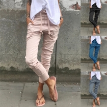 Casual Style Solid Color Drawstring Elastic Waist Pants (The size falls small)