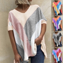 Casual Style Short Sleeve V-neck Contrast Color Loose T-shirt