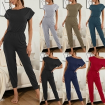 Fashion Short Sleeve Round Neck High Waist Jumpsuit