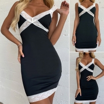 Sexy Backless V-neck Lace Spliced Slim Fit Contrast Color Sling Dress