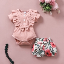 Söt stil Bow-knot Ruffle Romper + tryckta shorts Tvådelat set för bebisar