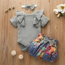 Sweet Style Bow-knot Ruffle Romper + Printed Shorts Two-piece Set for Babies