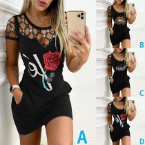 Sexy Hollow Out Short Sleeve Round Neck Slim Fit Rose/Lip Printed Dress