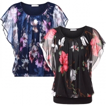 Fashion Gauze Spliced Lotus Sleeve Round Neck Printed T-shirt