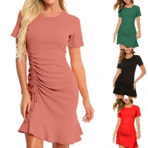 Elegant Solid Color Short Sleeve Round Neck Side-drawstring Ruffle Hem Dress