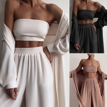 Sexy Solid Color Bandeau Top + Wide-leg Pants + Cardigan Three-piece Set